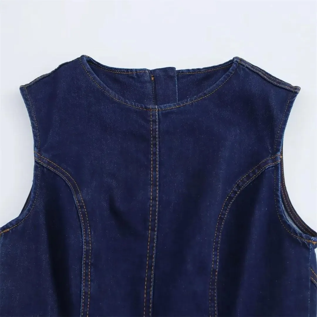 Women's Denim Slim French Sleeveless Round Neck Office Club Party Dress
