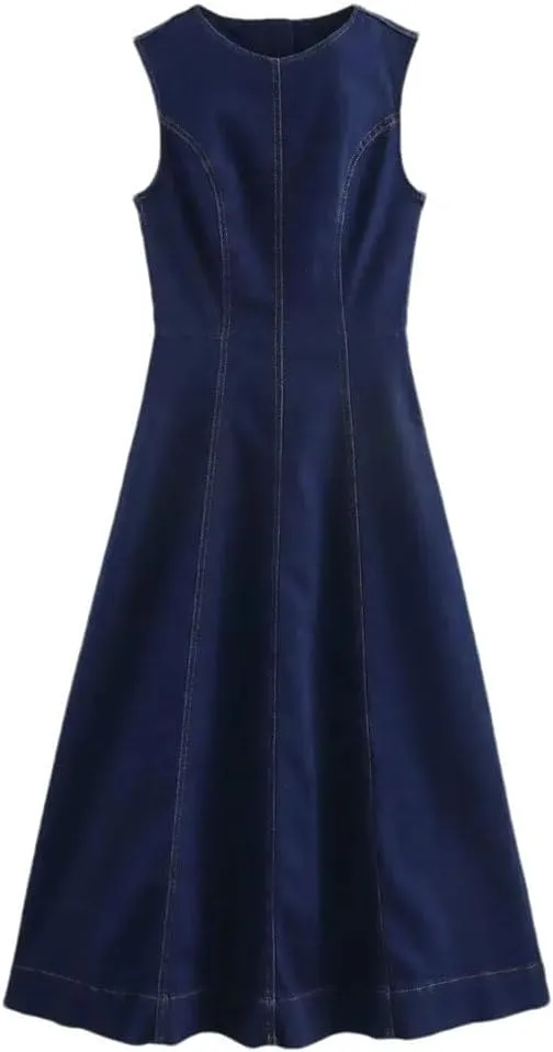 Women's Denim Slim French Sleeveless Round Neck Office Club Party Dress