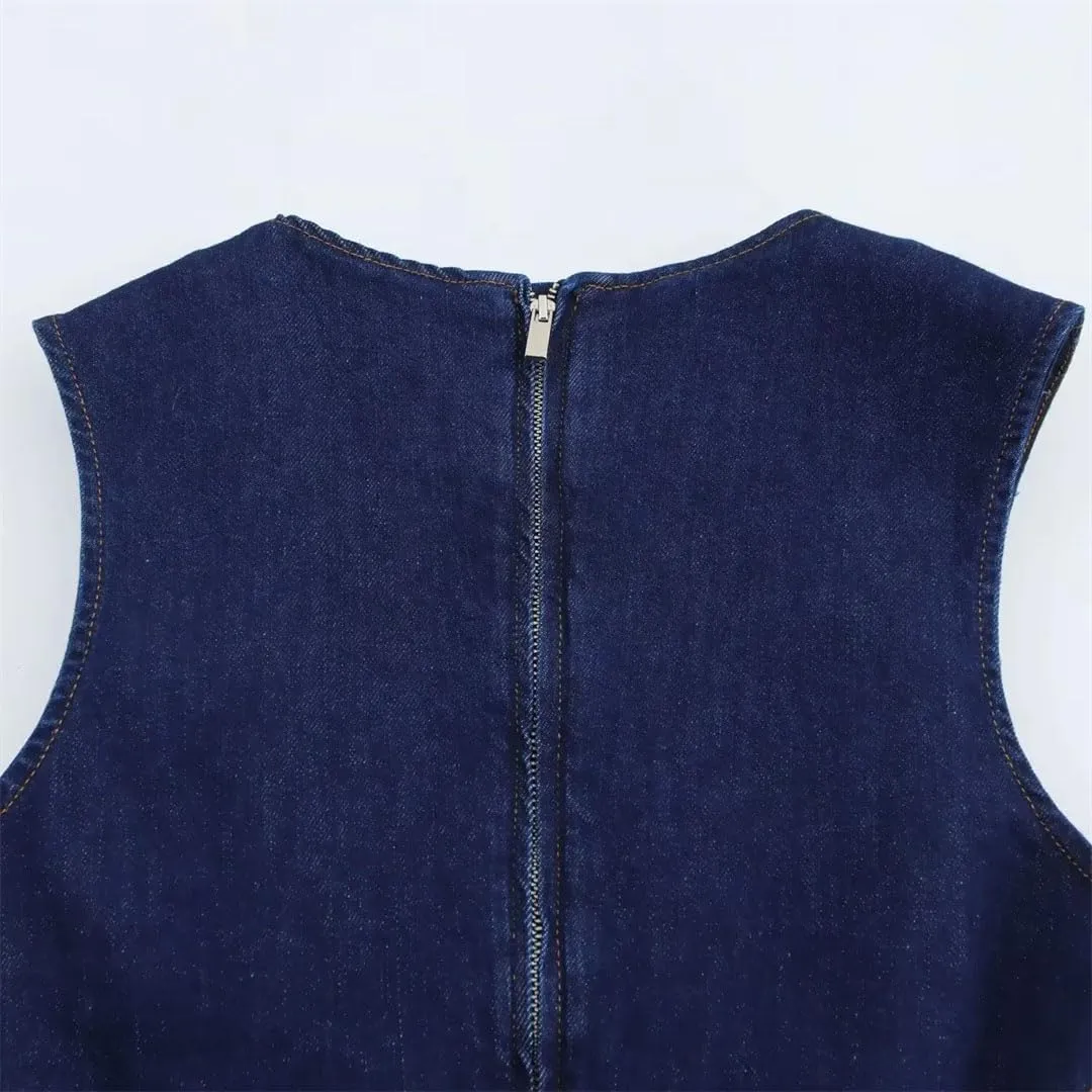 Women's Denim Slim French Sleeveless Round Neck Office Club Party Dress