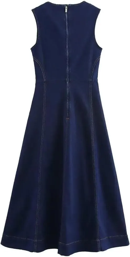 Women's Denim Slim French Sleeveless Round Neck Office Club Party Dress