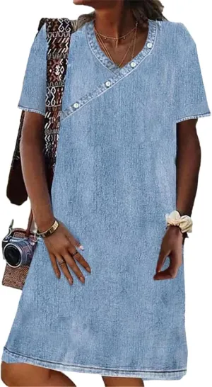 Womens Denim Solid Wrap V Neck Short Sleeve Dress Summer Shift Mini Dress