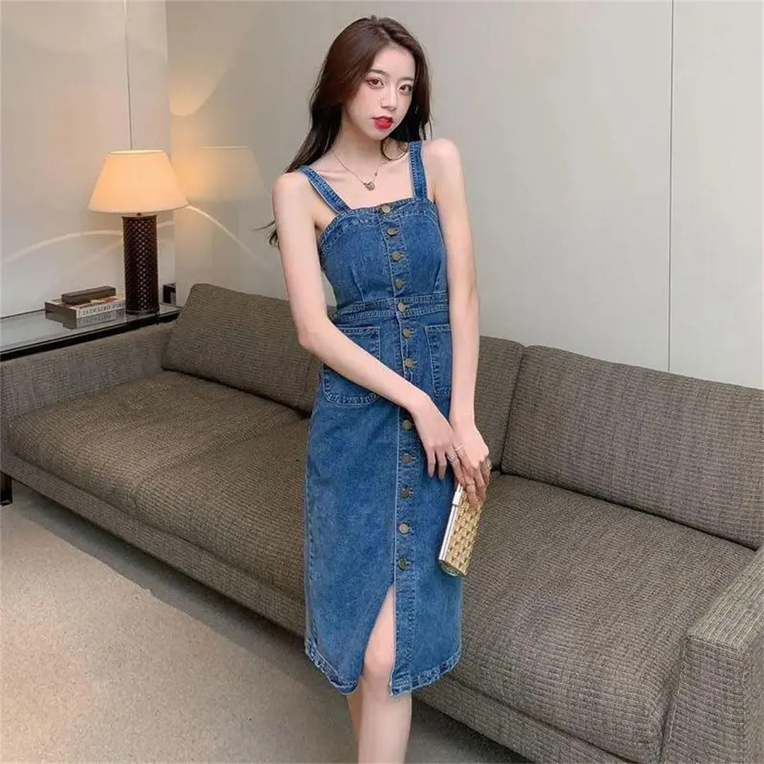 Women's Denim Suspender Single Breasted Waist Slimming Mid Length Dress