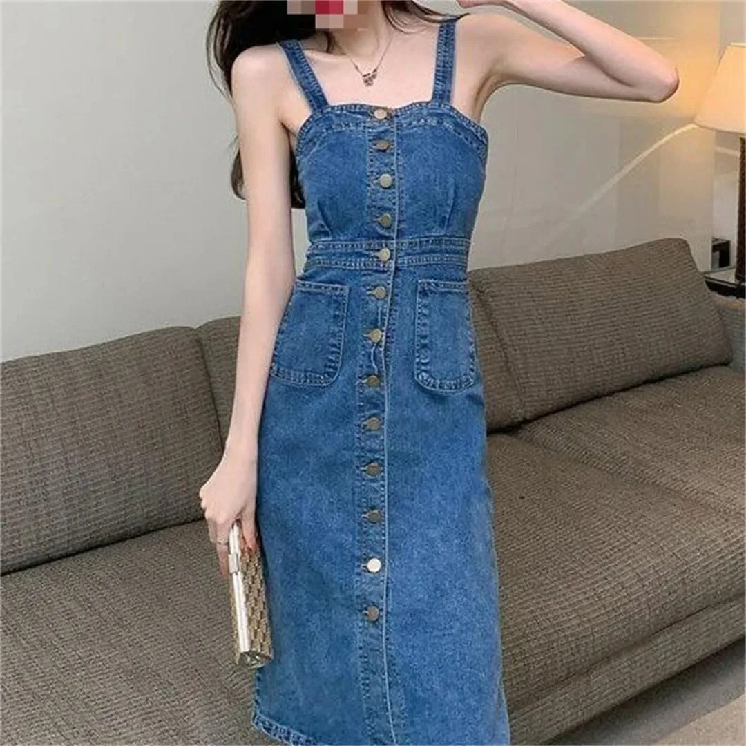 Women's Denim Suspender Single Breasted Waist Slimming Mid Length Dress