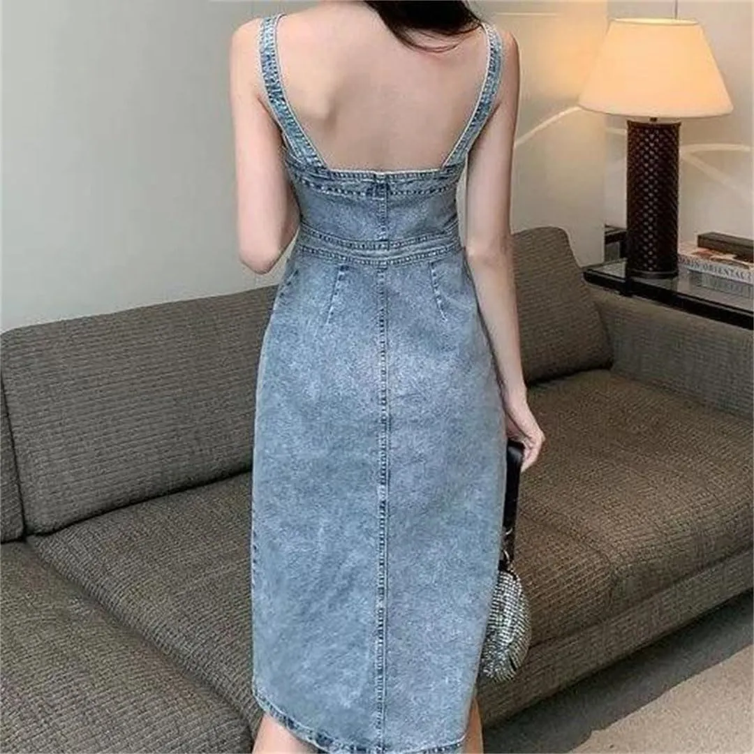 Women's Denim Suspender Single Breasted Waist Slimming Mid Length Dress