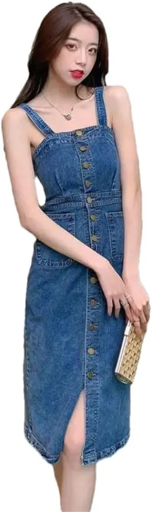 Women's Denim Suspender Single Breasted Waist Slimming Mid Length Dress
