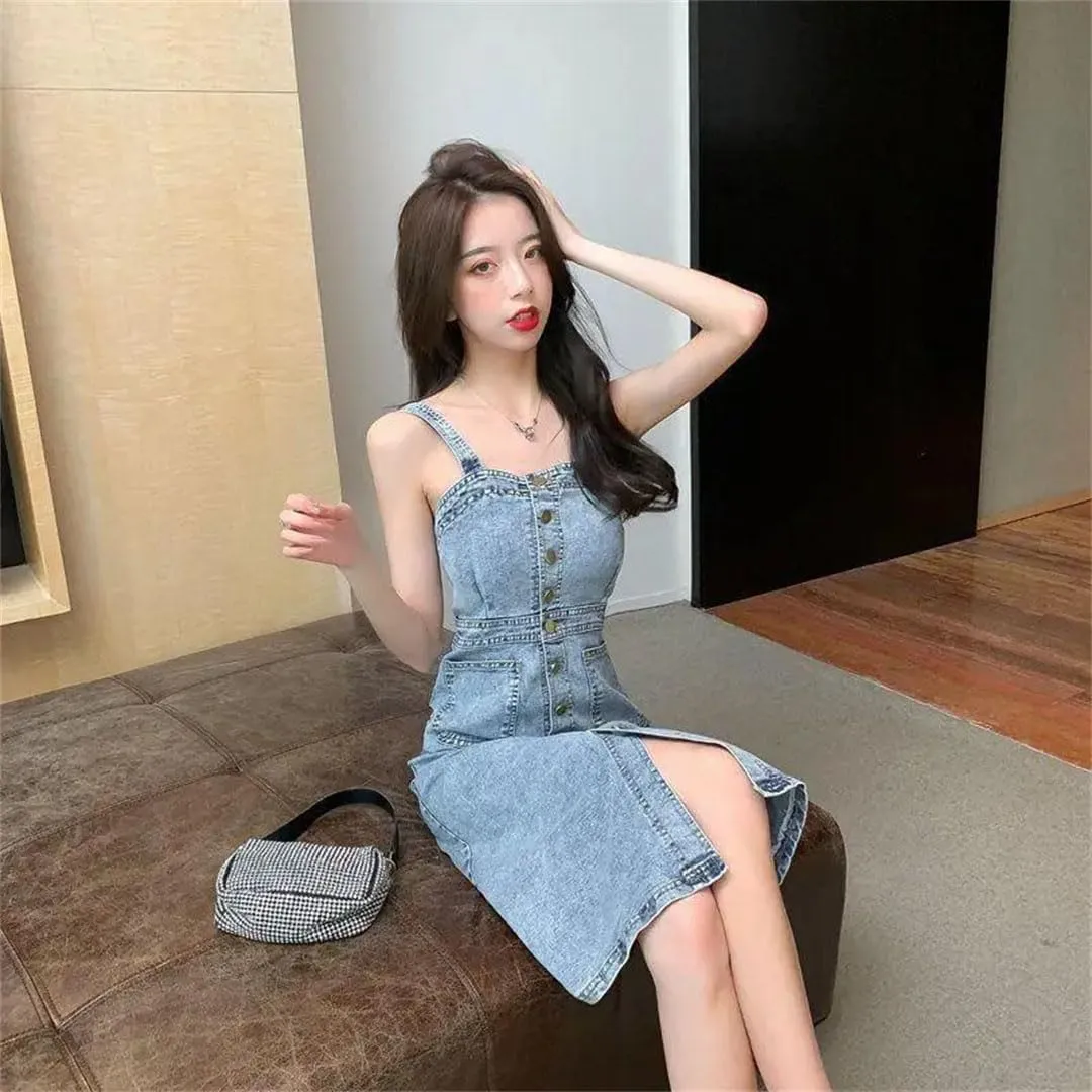 Women's Denim Suspender Single Breasted Waist Slimming Mid Length Dress