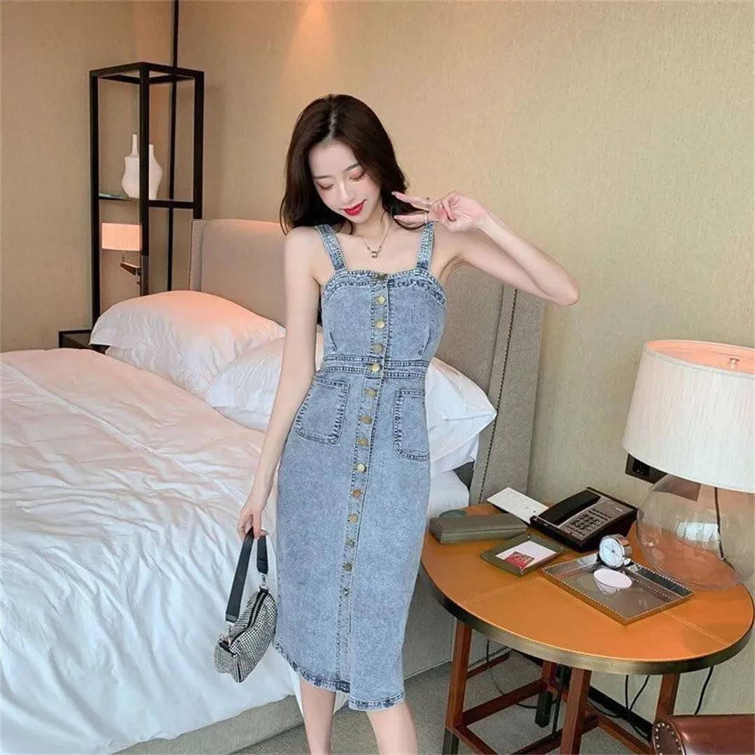 Women's Denim Suspender Single Breasted Waist Slimming Mid Length Dress