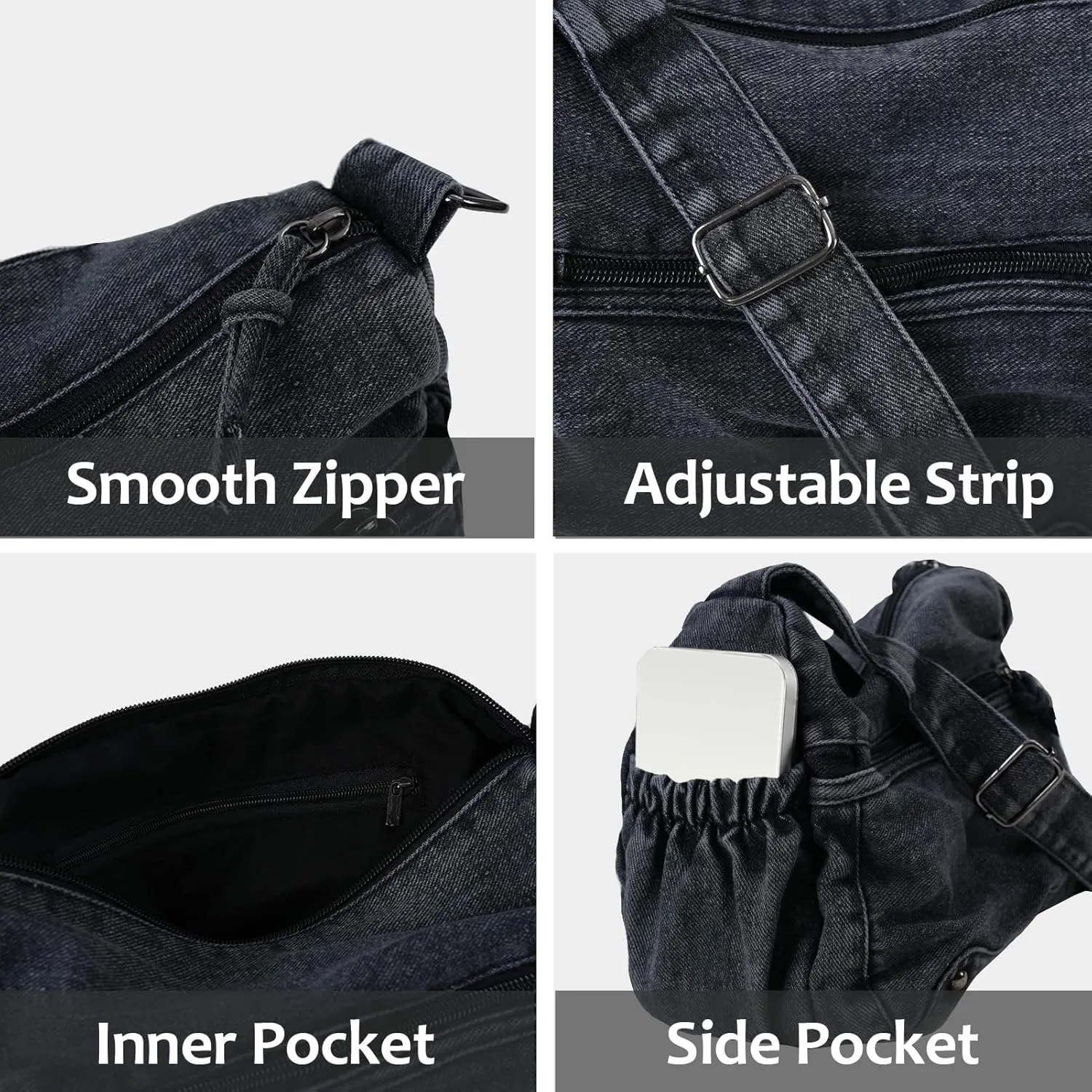 Women's Denim Tote Bag Casual Hobo Purse Vintage Shoulder Bag Adjustable Crossbody Purse Lightweight Spacious Tote