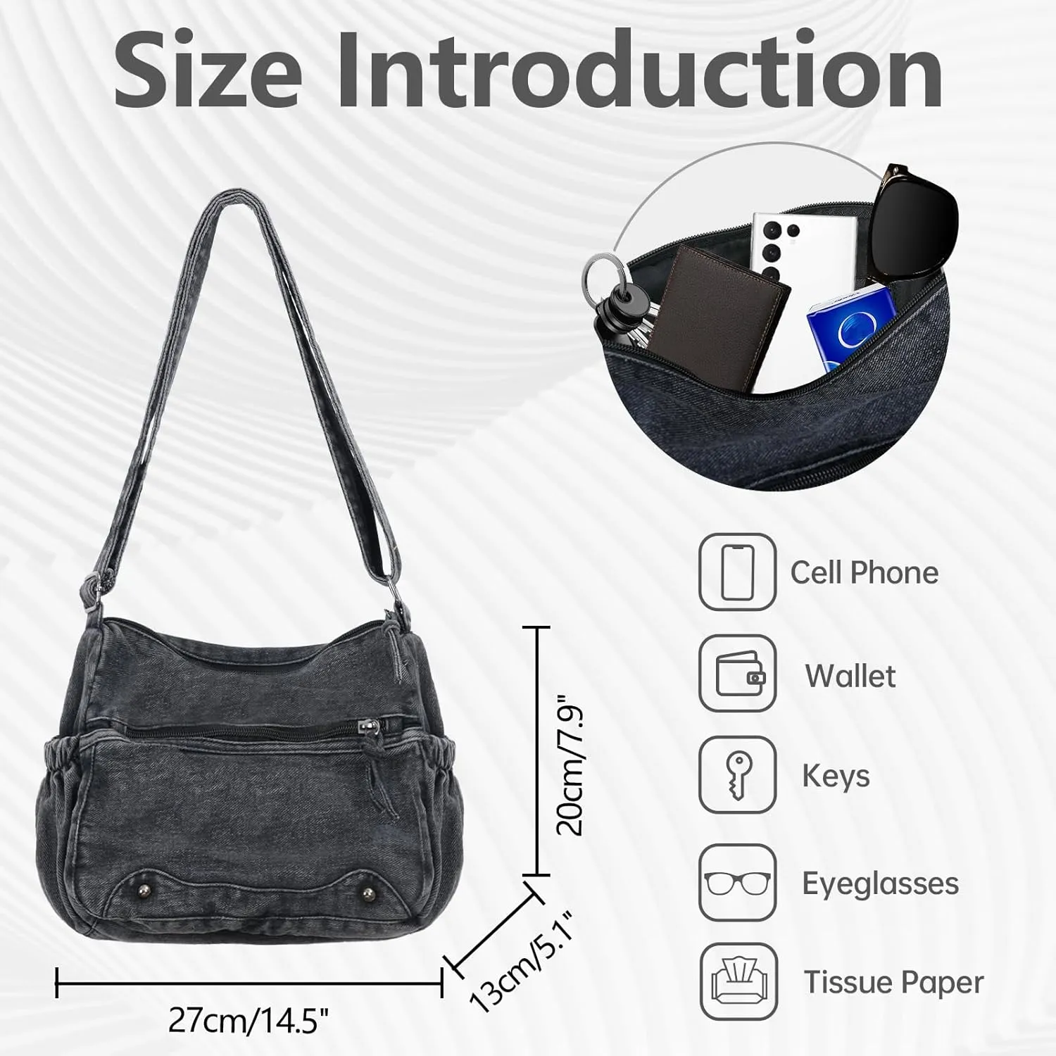 Women's Denim Tote Bag Casual Hobo Purse Vintage Shoulder Bag Adjustable Crossbody Purse Lightweight Spacious Tote