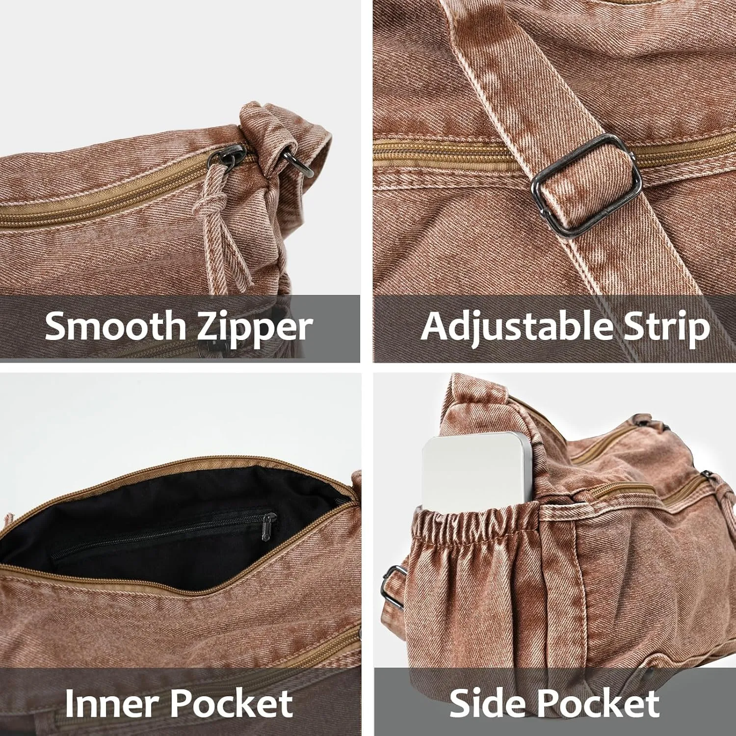 Women's Denim Tote Bag Casual Hobo Purse Vintage Shoulder Bag Adjustable Crossbody Purse Lightweight Spacious Tote