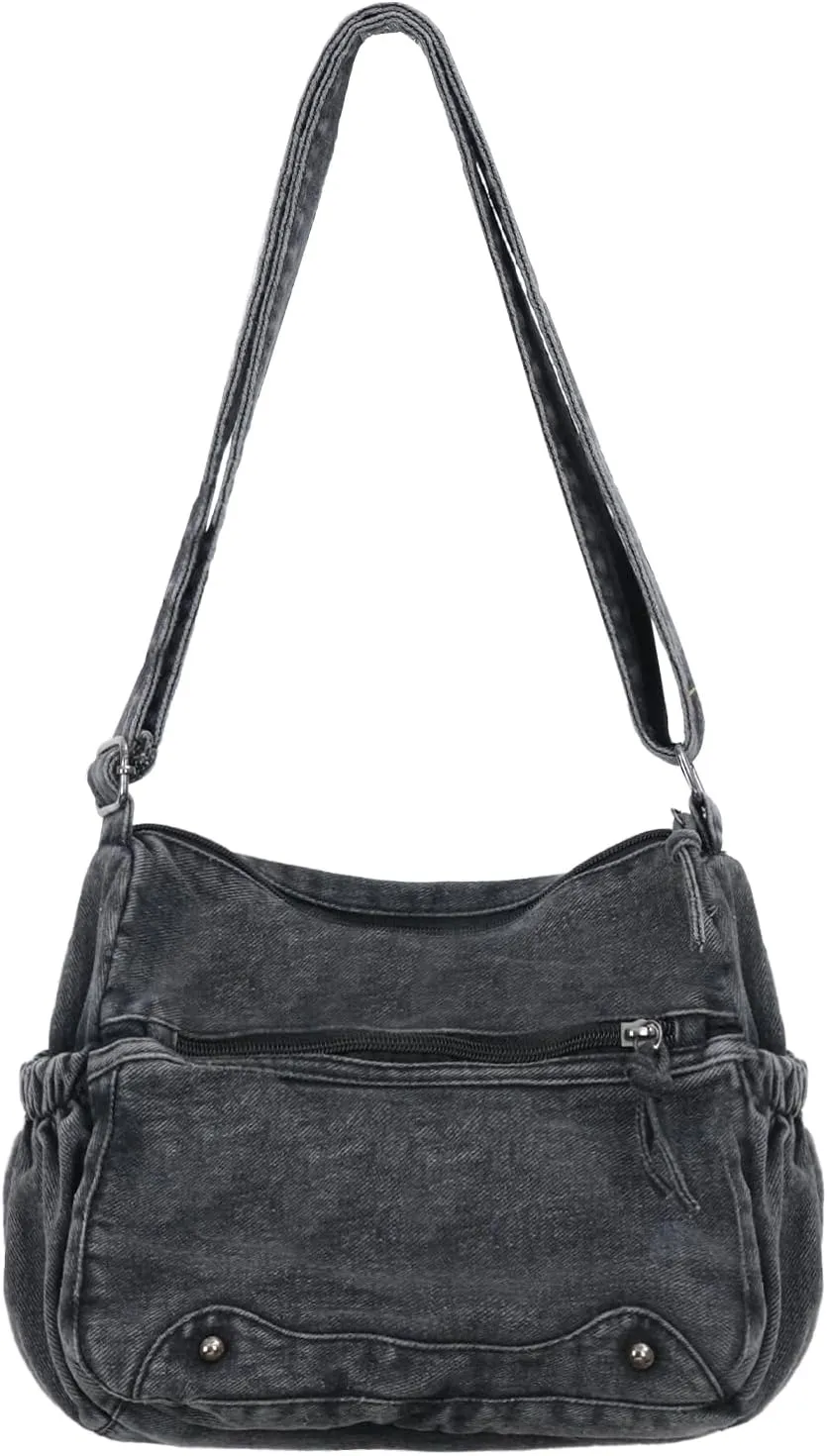 Women's Denim Tote Bag Casual Hobo Purse Vintage Shoulder Bag Adjustable Crossbody Purse Lightweight Spacious Tote