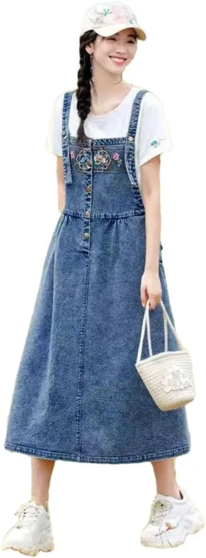 Women's Embroidery Denim Jumper Vintage Maxi with Suspenders Dresses
