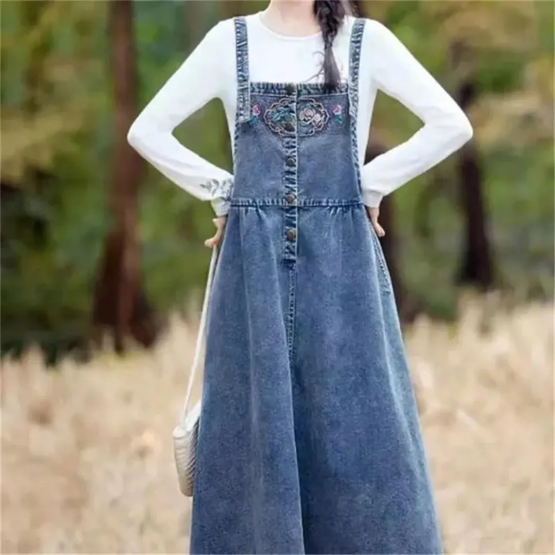 Women's Embroidery Denim Jumper Vintage Maxi with Suspenders Dresses