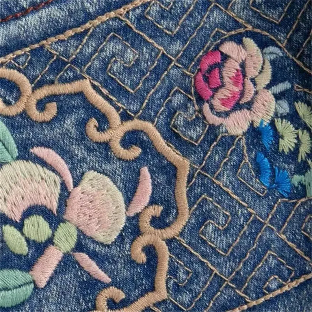 Women's Embroidery Denim Jumper Vintage Maxi with Suspenders Dresses