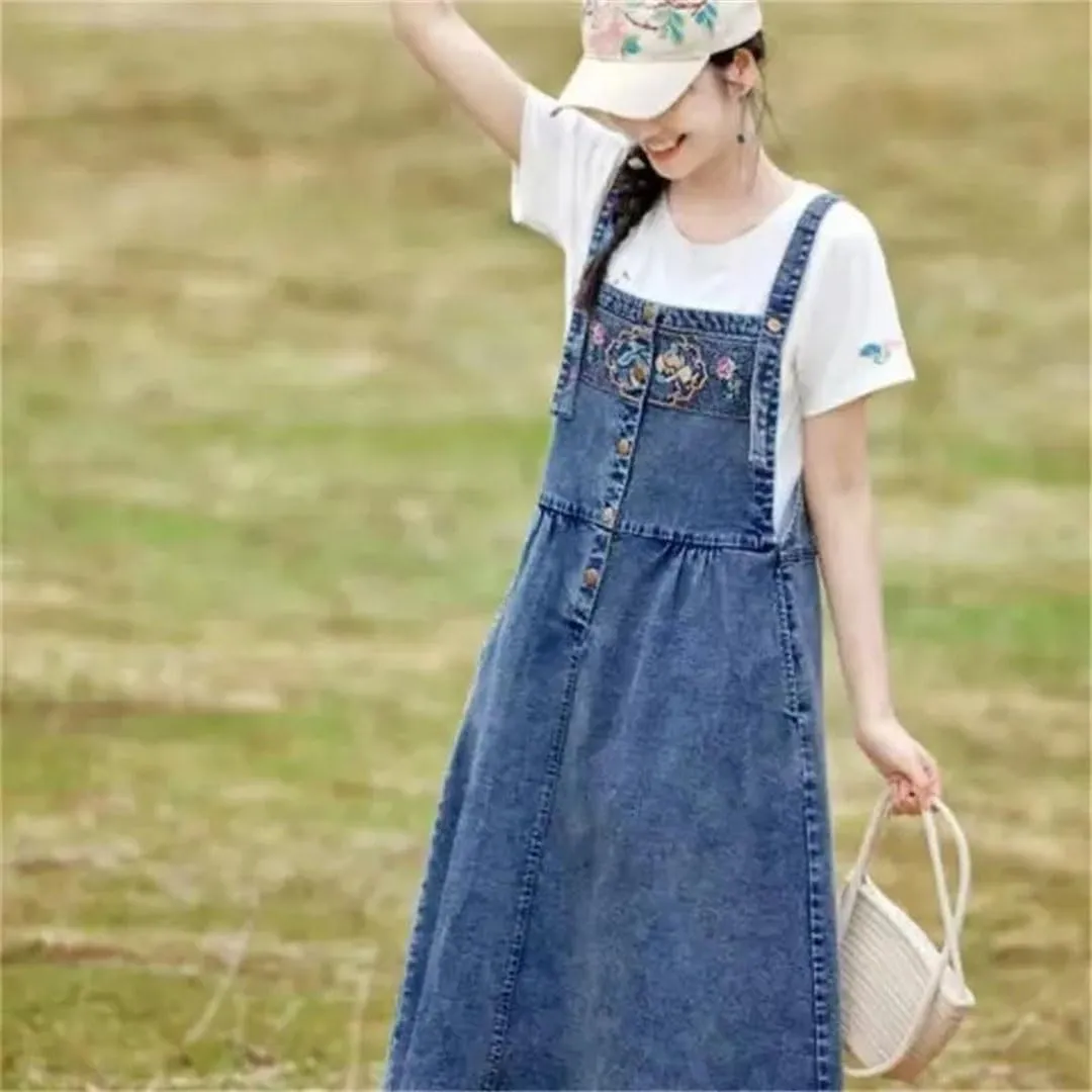 Women's Embroidery Denim Jumper Vintage Maxi with Suspenders Dresses