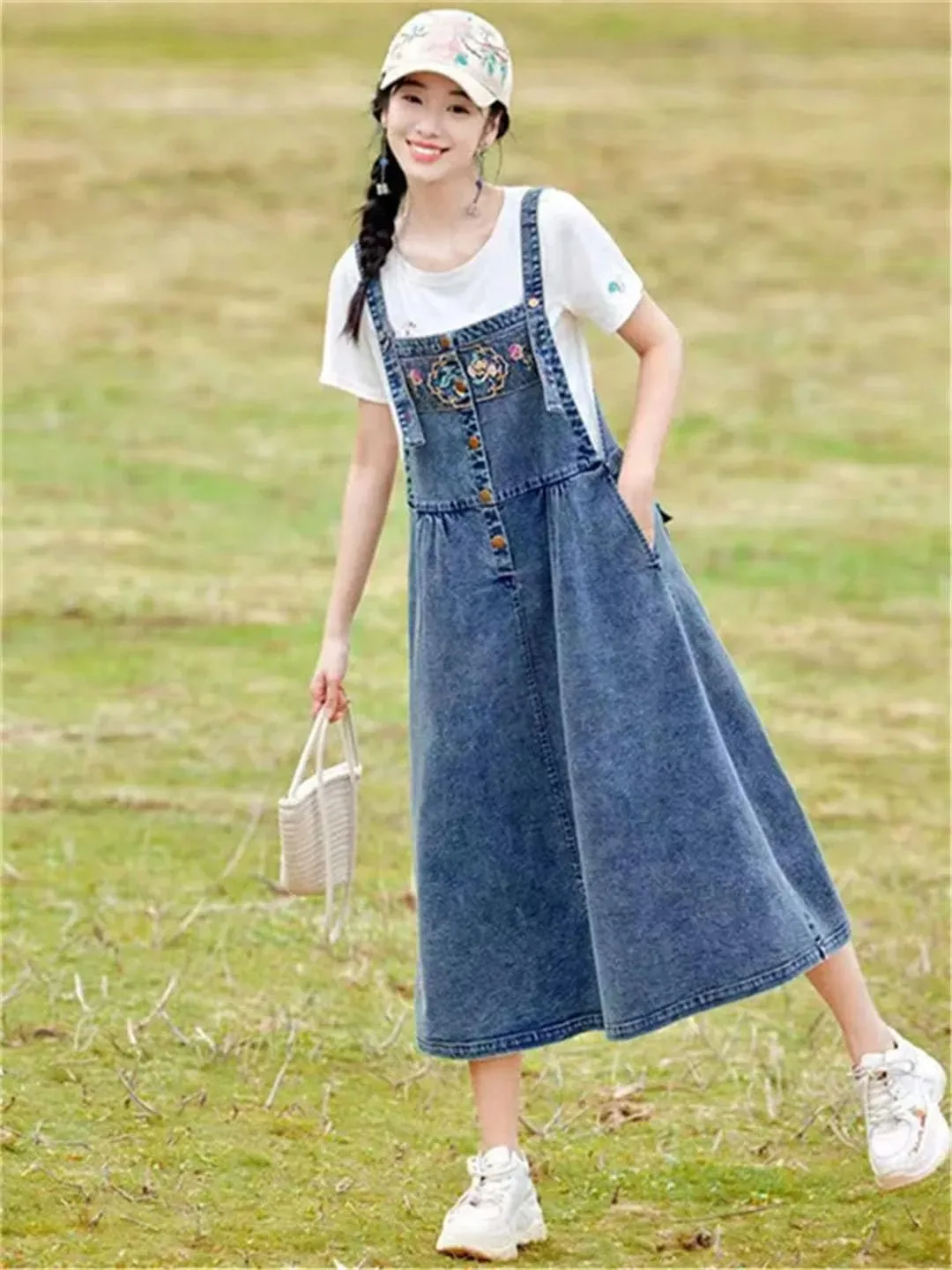 Women's Embroidery Denim Jumper Vintage Maxi with Suspenders Dresses