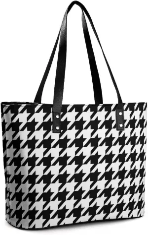 Women's Fashion PU Leather Shoulder Bags Lightweight Water Resistant Durable Large Capacity Tote Purse Work Travel Weekend Handbag (Abstract Modern Striped Houndstooth And Watercolor Effect Black)
