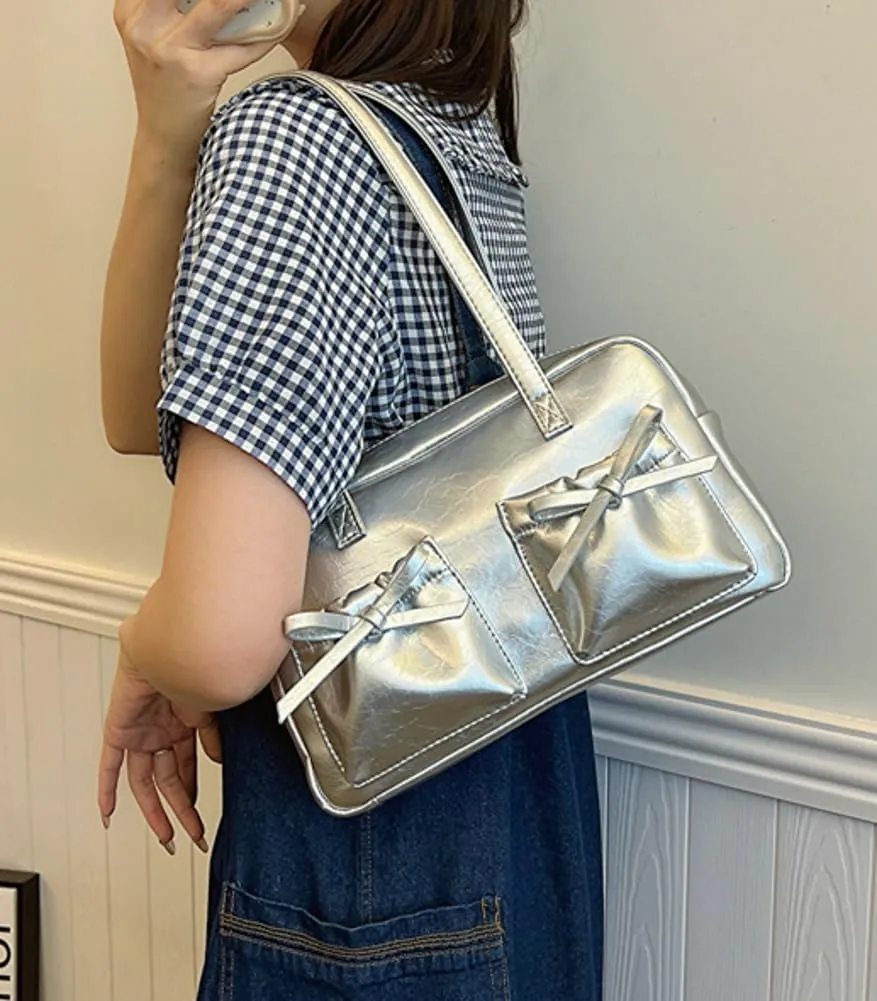 Womens Fashion Shoulder Tote Bag Large Vegan Leather Purse Y2k Handbag Top Handle Satchel Cute Bow Underarm Bag