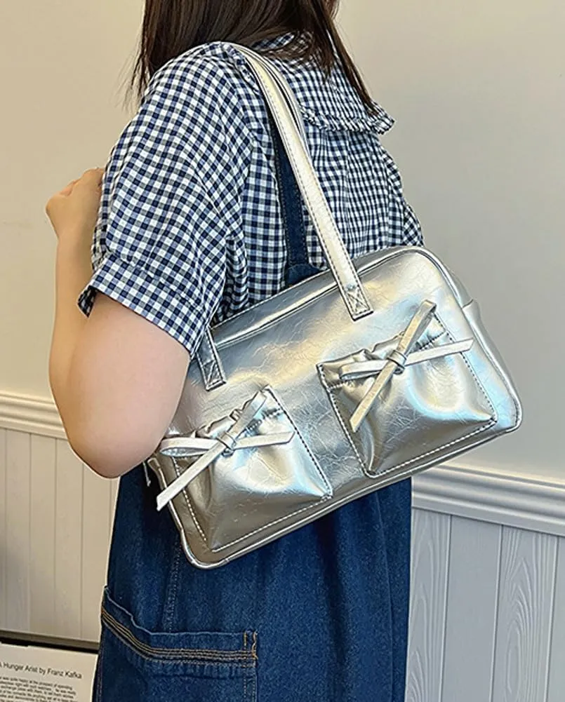 Womens Fashion Shoulder Tote Bag Large Vegan Leather Purse Y2k Handbag Top Handle Satchel Cute Bow Underarm Bag