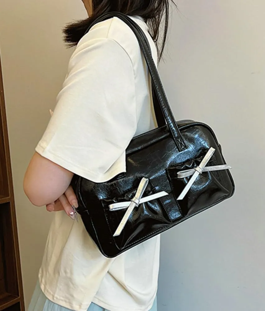 Womens Fashion Shoulder Tote Bag Large Vegan Leather Purse Y2k Handbag Top Handle Satchel Cute Bow Underarm Bag