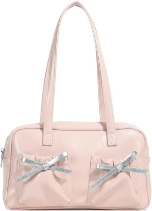 Womens Fashion Shoulder Tote Bag Large Vegan Leather Purse Y2k Handbag Top Handle Satchel Cute Bow Underarm Bag