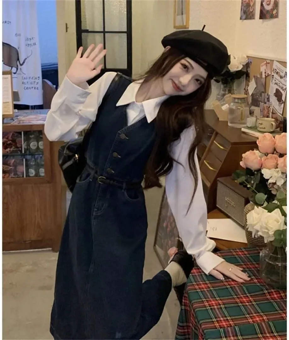 Women's French Retro Sleeveless Slim Wide Suspender Vest Denim Long Dress