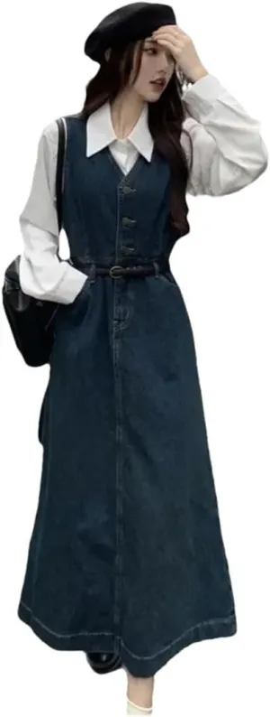 Women's French Retro Sleeveless Slim Wide Suspender Vest Denim Long Dress