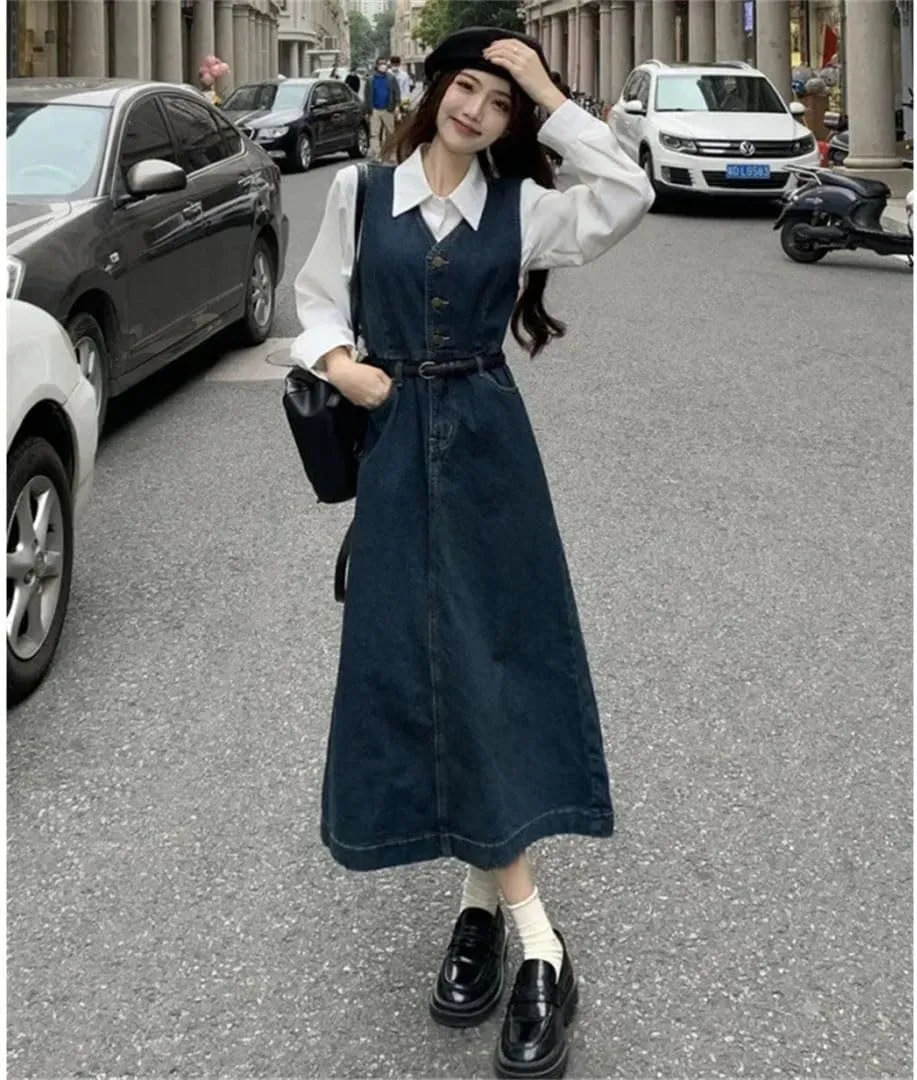 Women's French Retro Sleeveless Slim Wide Suspender Vest Denim Long Dress