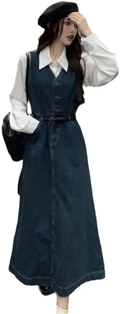 Women's French Retro Sleeveless Slim Wide Suspender Vest Denim Long Dress
