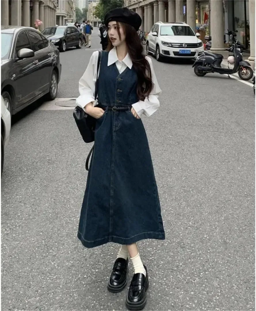Women's French Retro Sleeveless Slim Wide Suspender Vest Denim Long Dress
