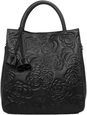 Womens Genuine Leather Handbags large Trendy Shoulder Tote Three-layer Crossbody Purses Flower Print Satchel