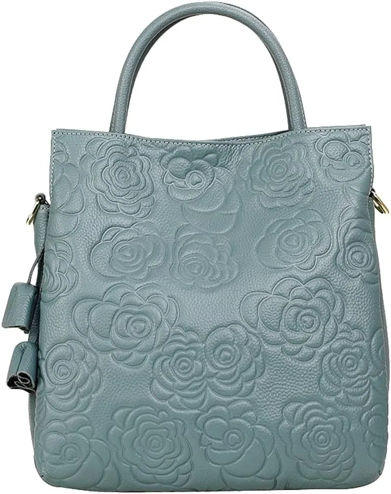 Womens Genuine Leather Handbags large Trendy Shoulder Tote Three-layer Crossbody Purses Flower Print Satchel