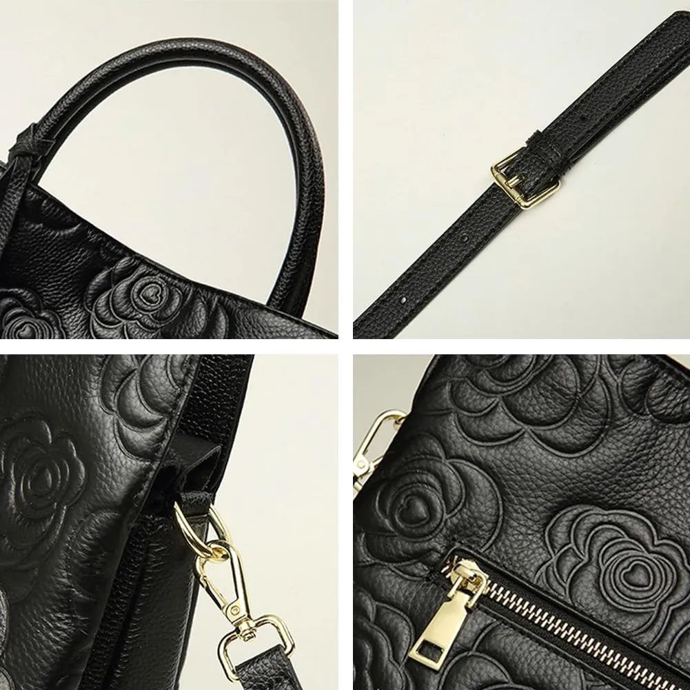 Womens Genuine Leather Handbags large Trendy Shoulder Tote Three-layer Crossbody Purses Flower Print Satchel