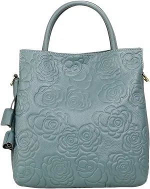 Womens Genuine Leather Handbags large Trendy Shoulder Tote Three-layer Crossbody Purses Flower Print Satchel