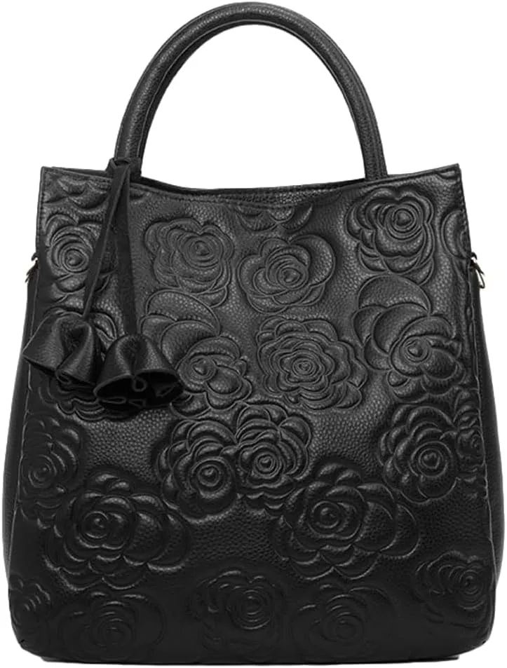 Womens Genuine Leather Handbags large Trendy Shoulder Tote Three-layer Crossbody Purses Flower Print Satchel