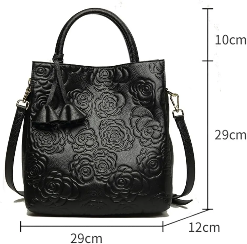 Womens Genuine Leather Handbags large Trendy Shoulder Tote Three-layer Crossbody Purses Flower Print Satchel