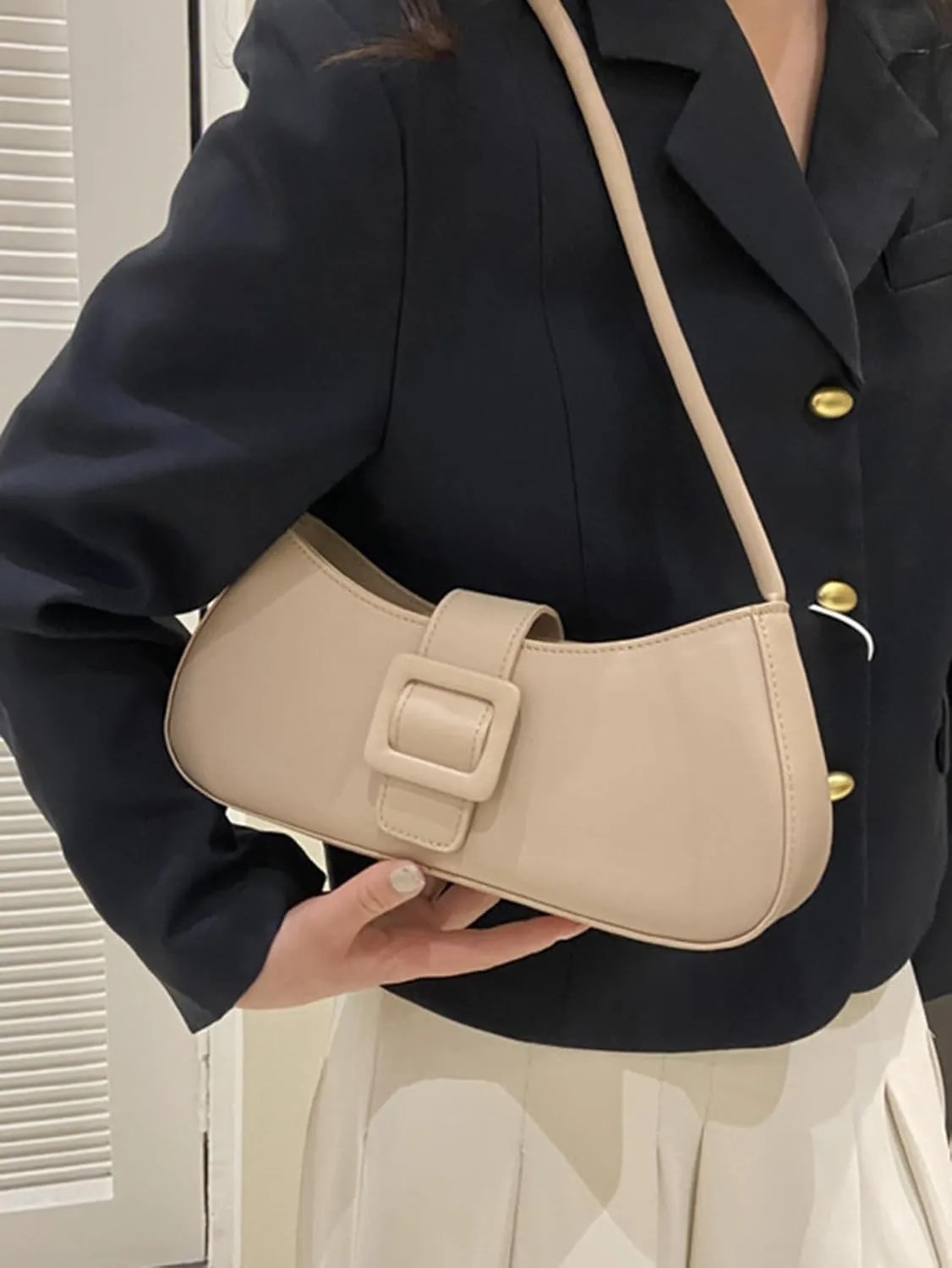 Women's Glossy Buckle Retro Hobo Bags PU Leather Solid Clutch Shoulder Underarm Purses Strap Tote Handbags