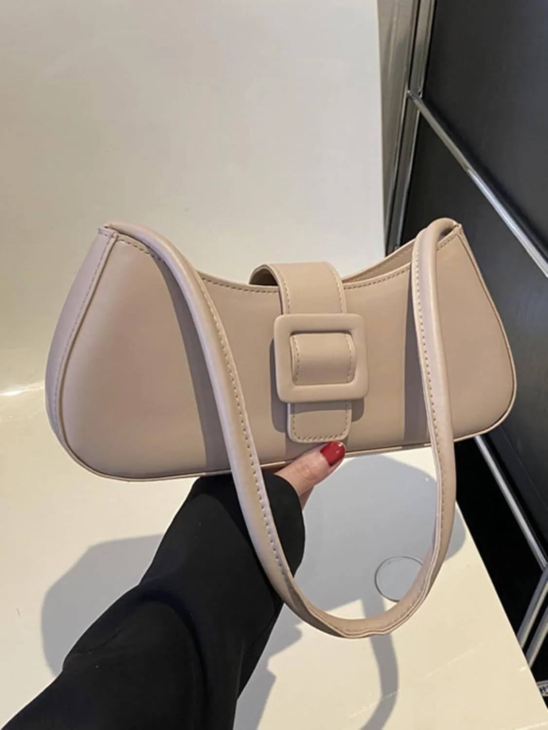 Women's Glossy Buckle Retro Hobo Bags PU Leather Solid Clutch Shoulder Underarm Purses Strap Tote Handbags