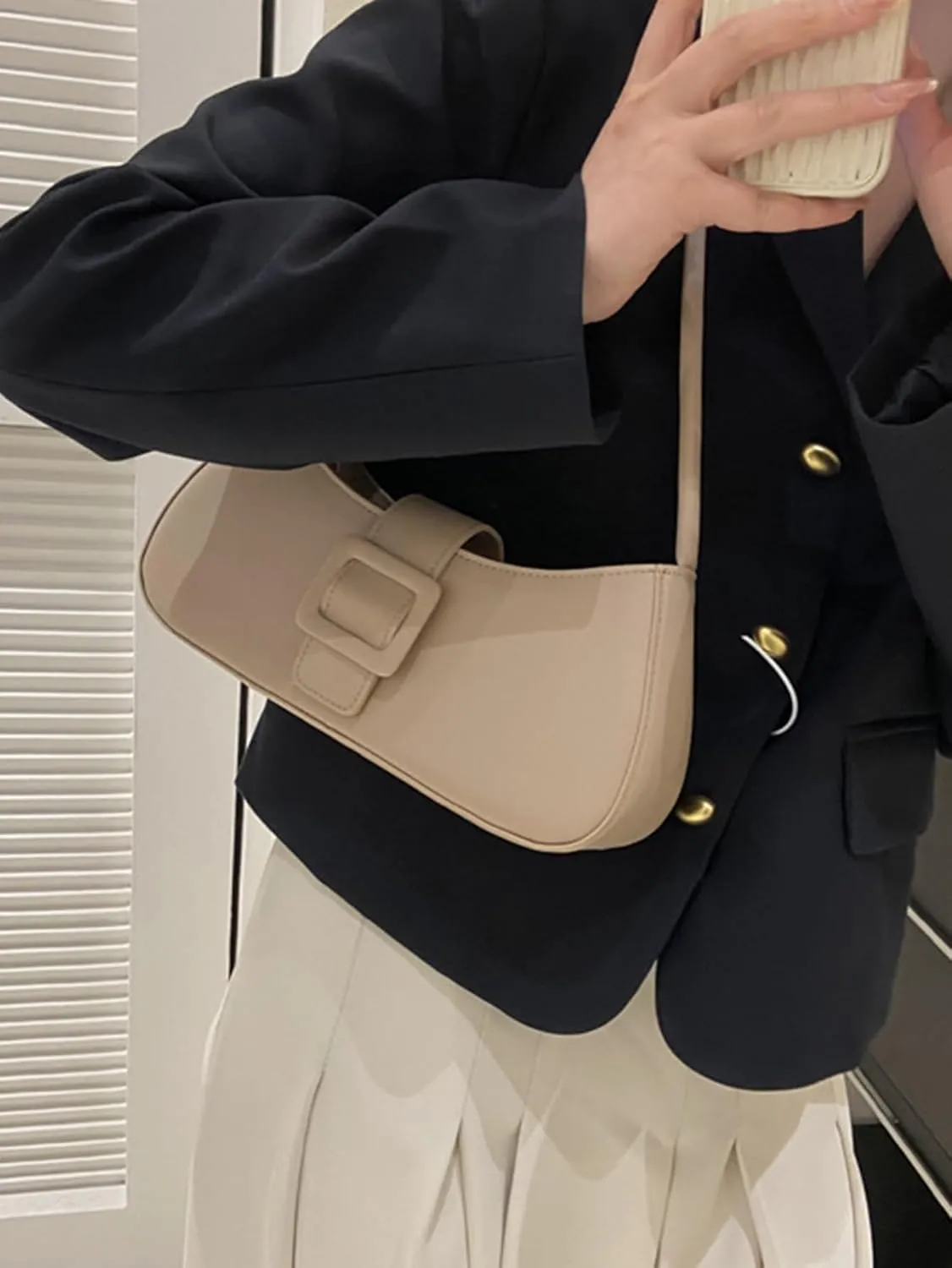 Women's Glossy Buckle Retro Hobo Bags PU Leather Solid Clutch Shoulder Underarm Purses Strap Tote Handbags