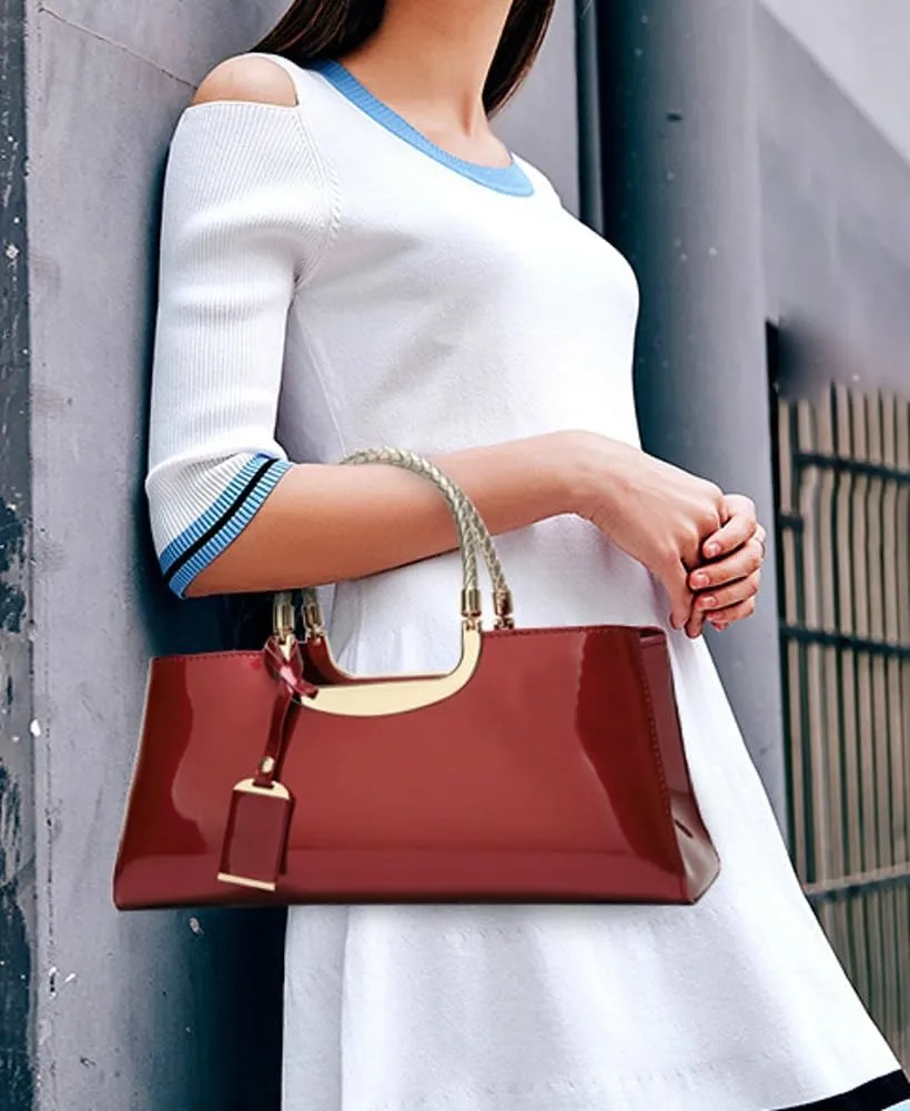 Women's Glossy Patent Vegan Leather Handbag Large Shoulder Tote Bag Ladies Evening Clutch Purse Party Satchel
