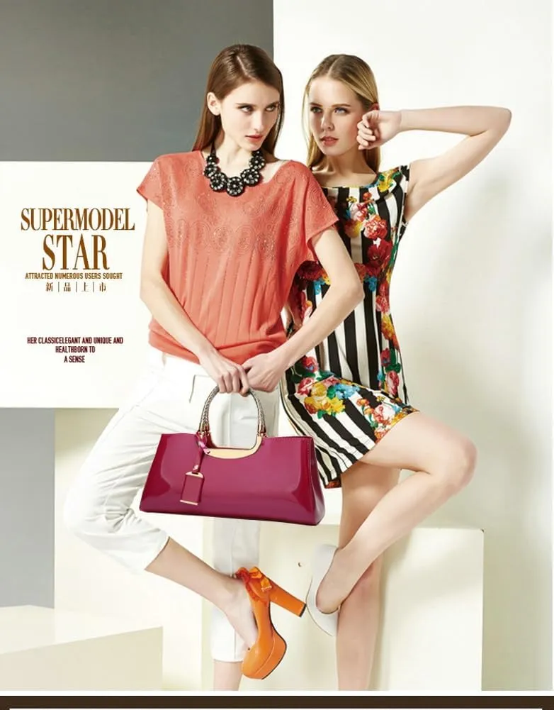 Women's Glossy Patent Vegan Leather Handbag Large Shoulder Tote Bag Ladies Evening Clutch Purse Party Satchel