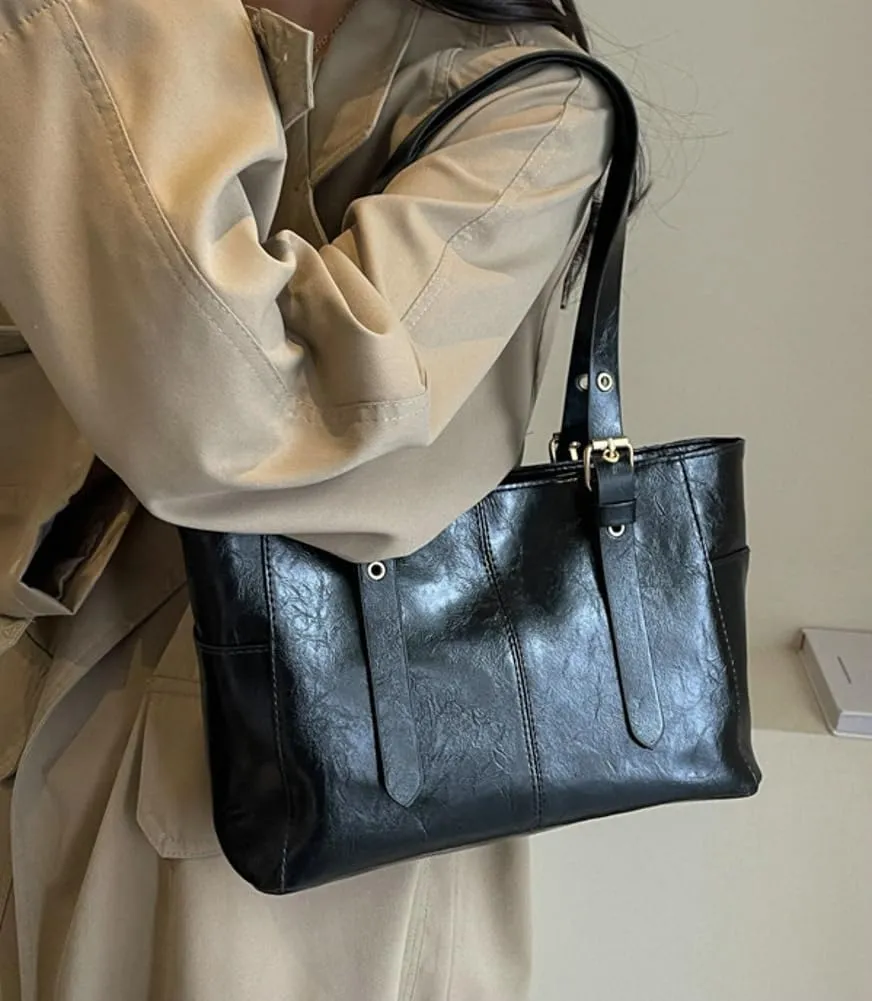 Women's Glossy PU Leather Shoulder Bag Trendy Large Tote Handbag Retro Top Handle Purse
