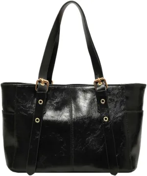 Women's Glossy PU Leather Shoulder Bag Trendy Large Tote Handbag Retro Top Handle Purse