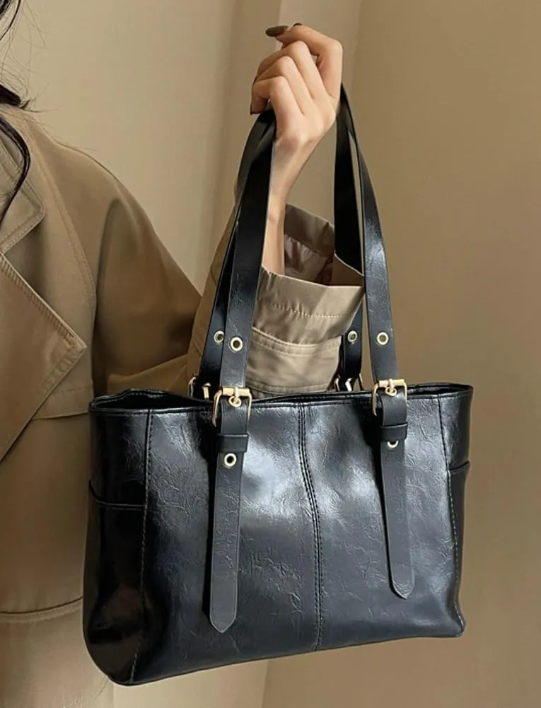 Women's Glossy PU Leather Shoulder Bag Trendy Large Tote Handbag Retro Top Handle Purse
