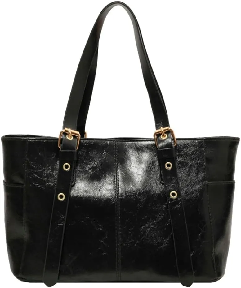 Women's Glossy PU Leather Shoulder Bag Trendy Large Tote Handbag Retro Top Handle Purse