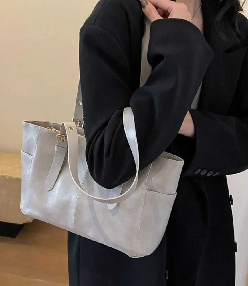 Women's Glossy PU Leather Shoulder Bag Trendy Large Tote Handbag Retro Top Handle Purse