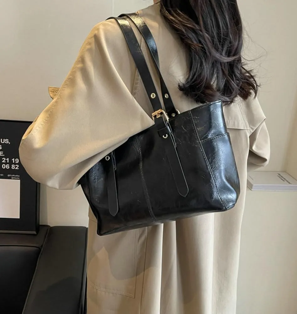 Women's Glossy PU Leather Shoulder Bag Trendy Large Tote Handbag Retro Top Handle Purse