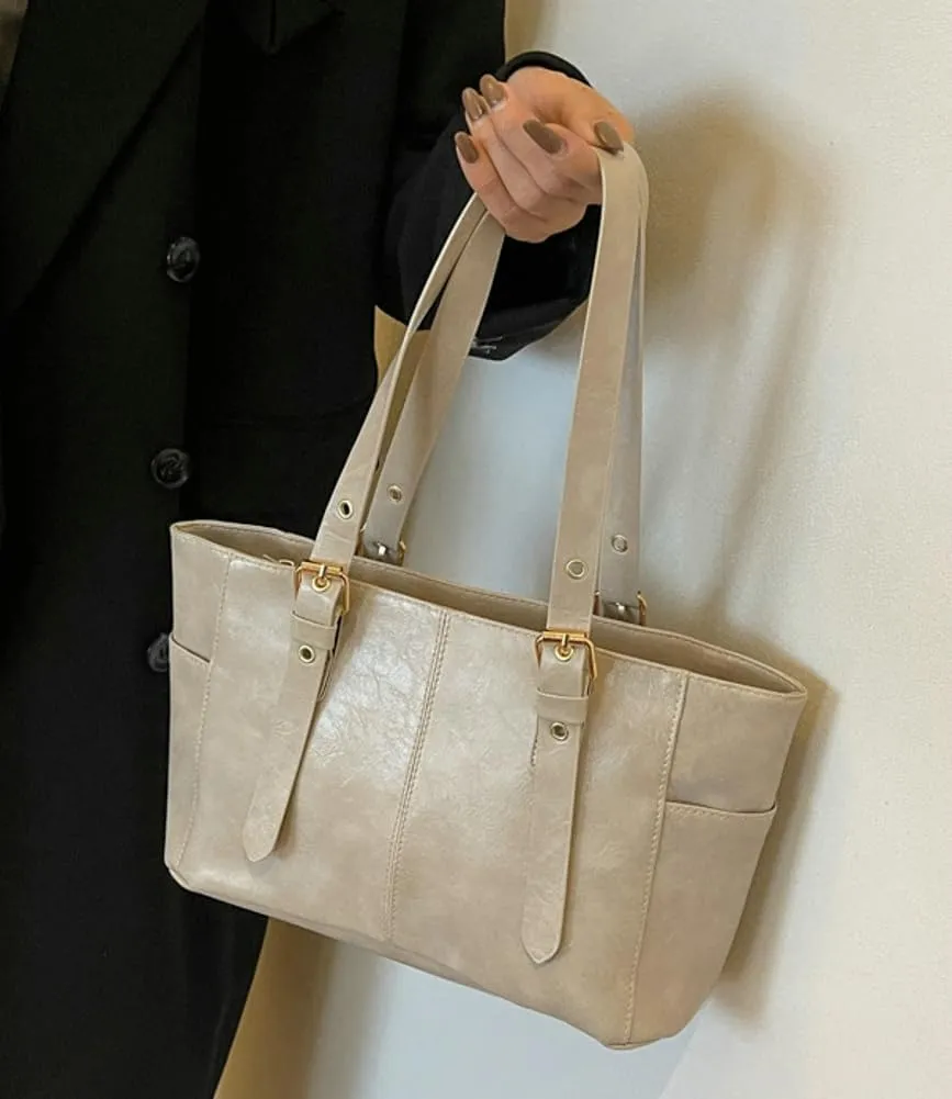 Women's Glossy PU Leather Shoulder Bag Trendy Large Tote Handbag Retro Top Handle Purse