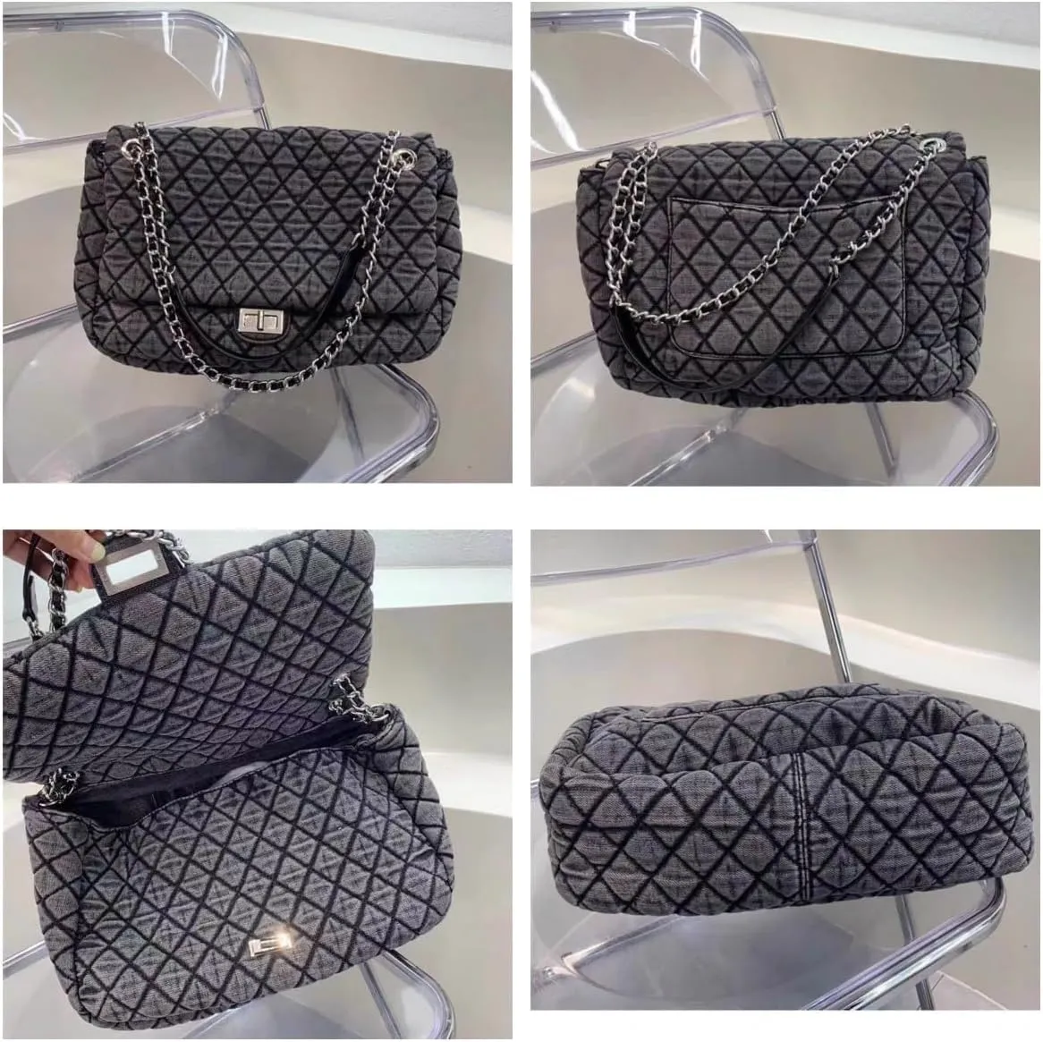 Women's Grey Casual Diamond Checker Denim Retro Fashion One Shoulder Handbag Crossbody Wallets