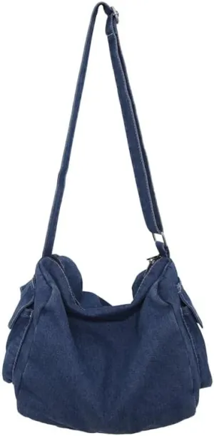 Women's Harajuku Indie Denim Shoulder Bags Japanese Casual Retro Travel Crossbody Bags Vintage Shopper Handbags (Blue-A,One Size)